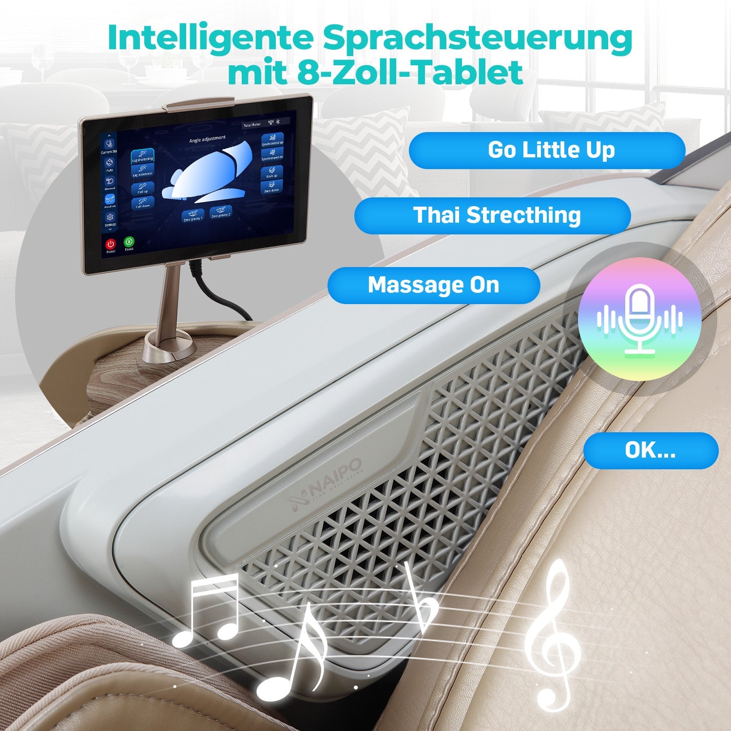 NAIPO 4D High-End Massagesessel S61 Weiß, Wärmefunktion, 8-inch Tablet-Steuerung
