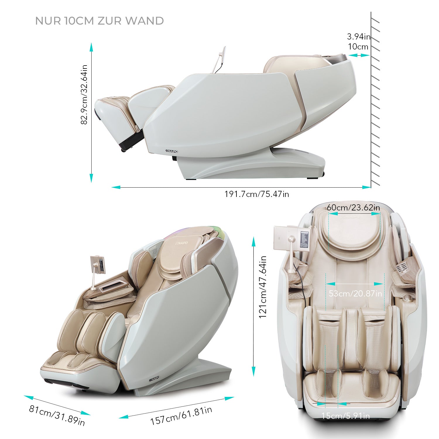 NAIPO 4D High-End Massagesessel S61 Weiß, Wärmefunktion, 8-inch Tablet-Steuerung