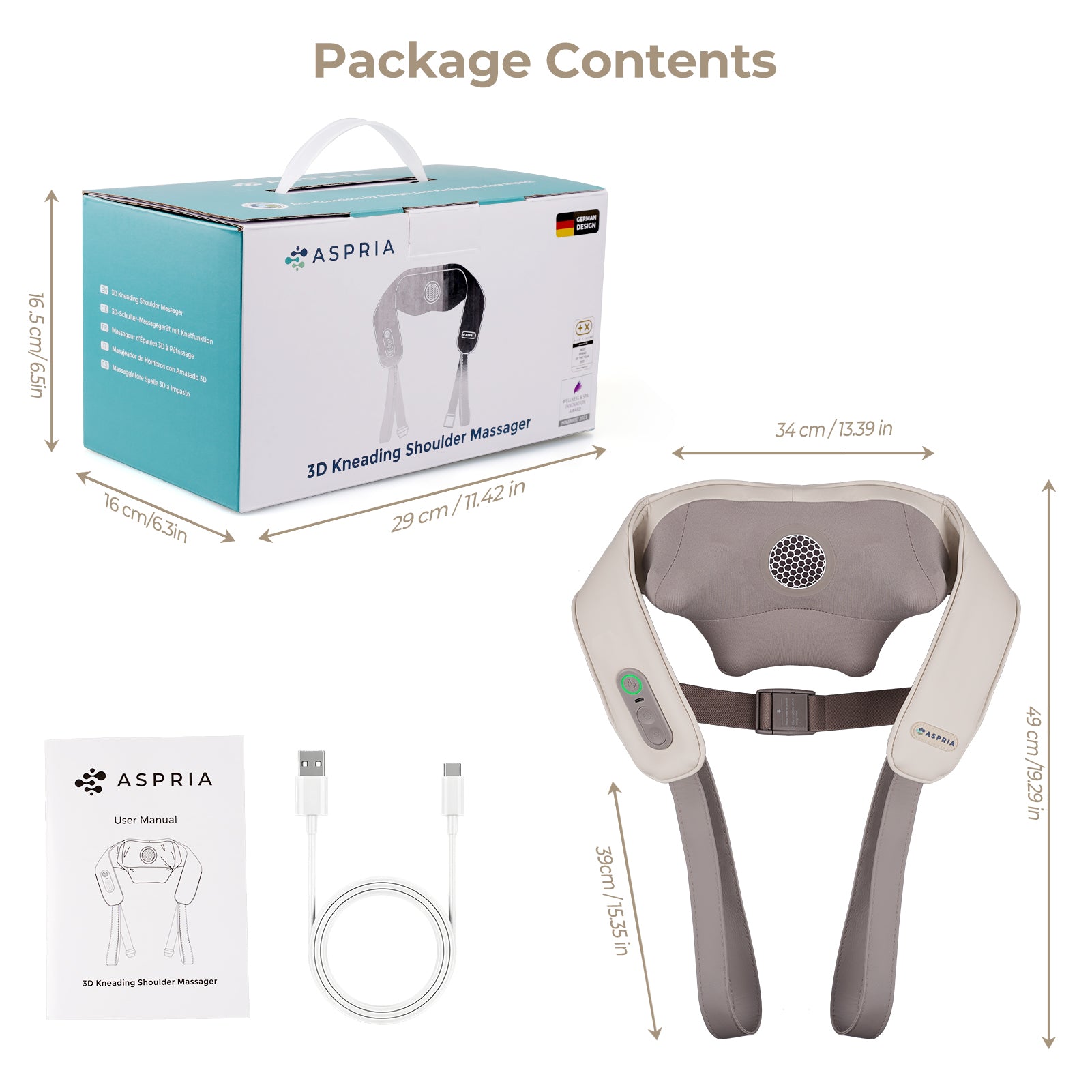 Aspria Neck and Shoulder Massager with Heat- Shiatsu Deep Tissue Back Massager for Pain Relief, Rechargeable Cordless Heating Neck Massager for Home, Office, Gifts for Men/Women/Mom/Dad