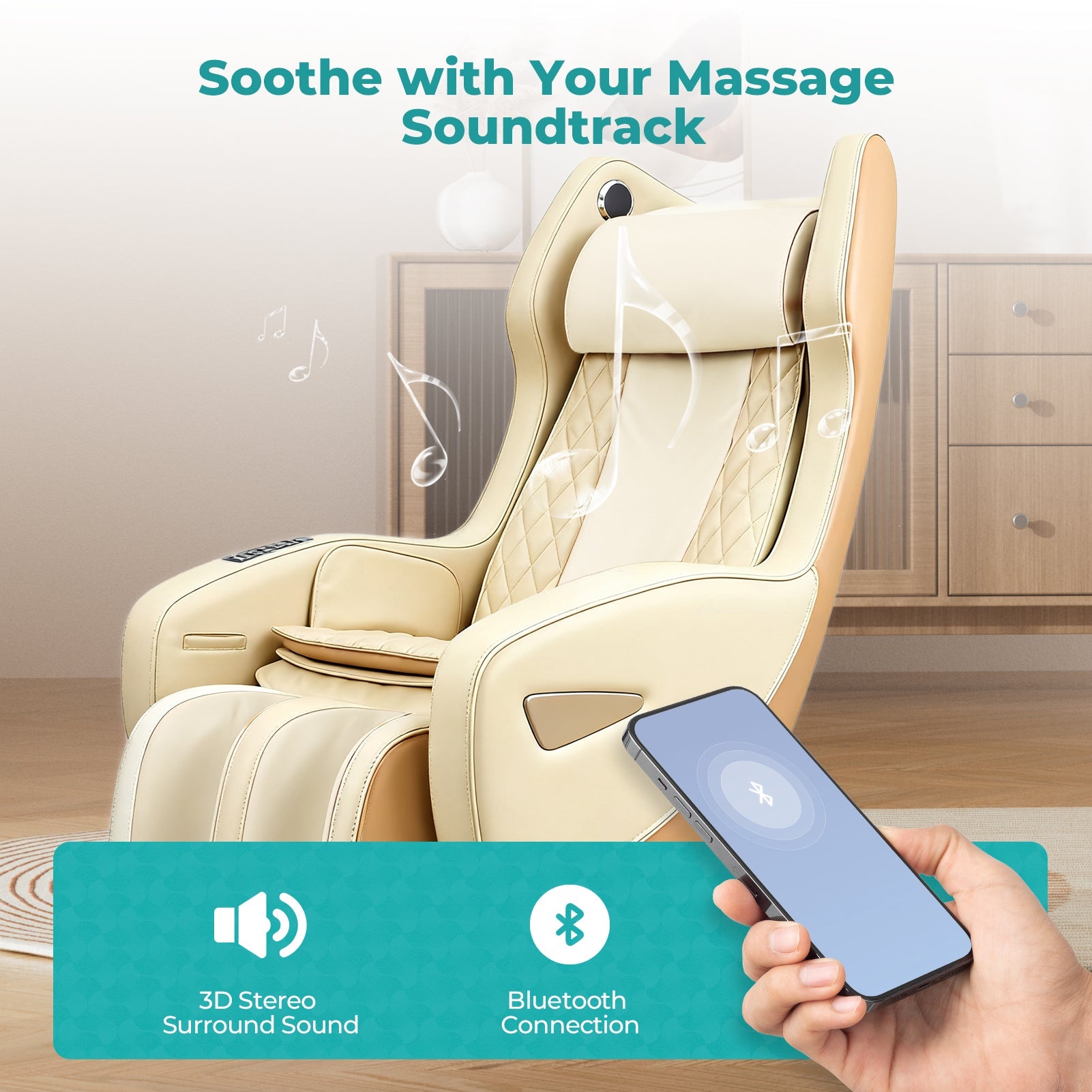 NAIPO Massagesessel mit Wärme | Design-Award | Bluetooth | Liegefunktion | Space-Saving | Creme-beige