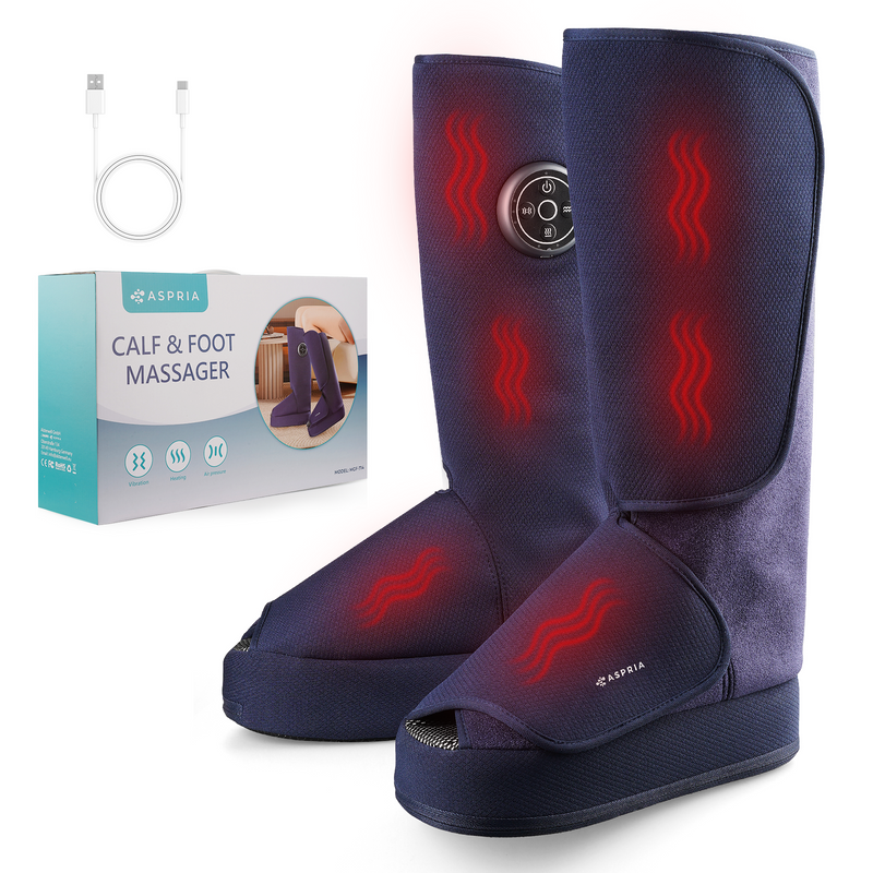 Aspria by Naipo foot massager, 2-in-1 calf foot massager with air compression, vibration and heat therapy, leg-foot massage boot for swollen legs, oedema, cordless design, Blue