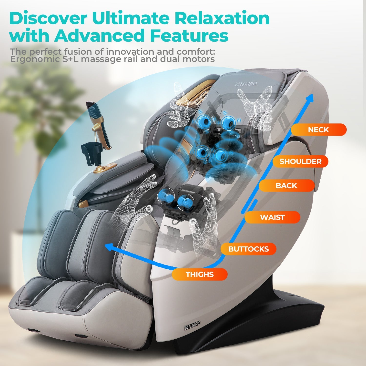 Naipo 3D Massagesessel R50 grau, High-End Massagestuhl, Wärmefuktion