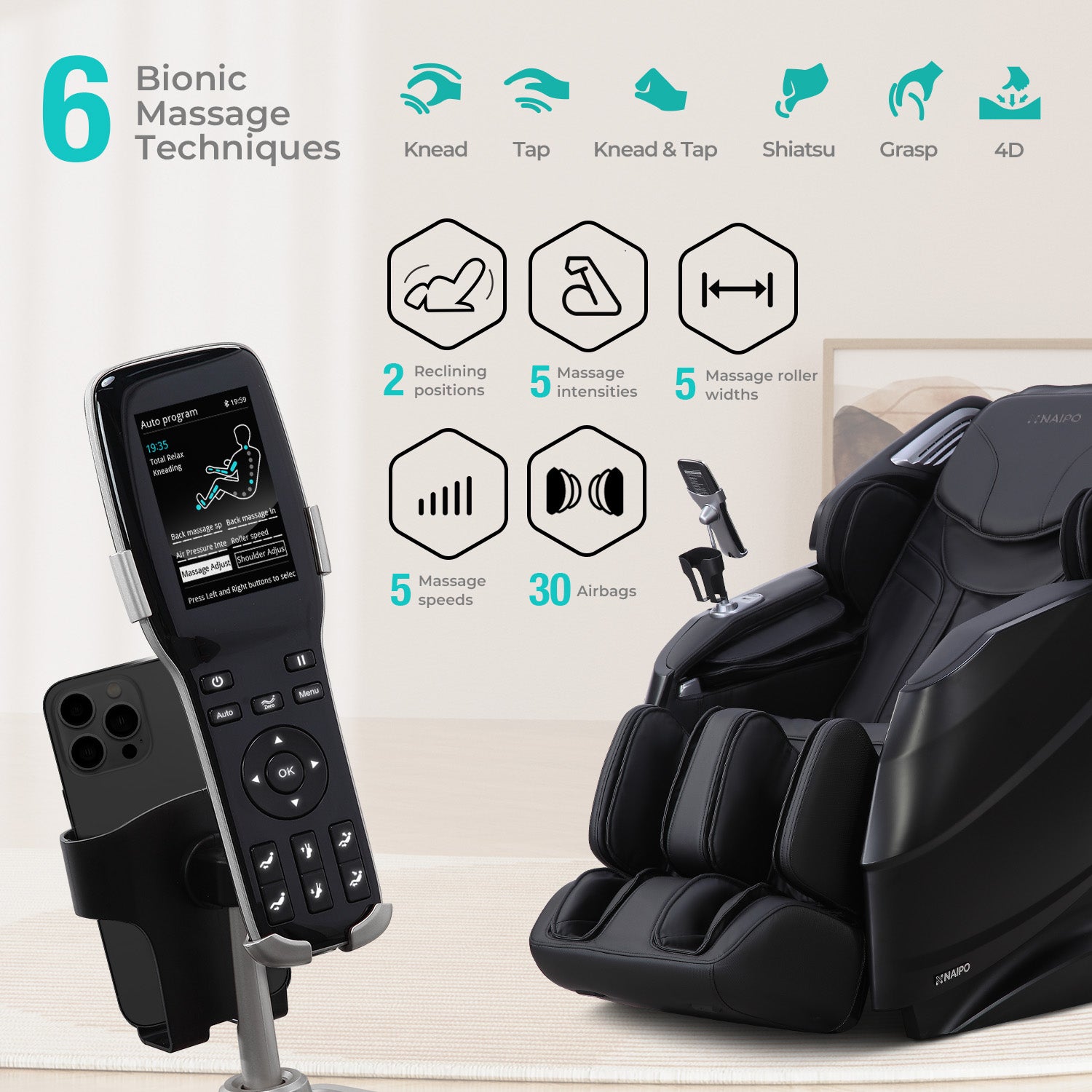 Naipo 3D massage chair R50 black, high-end massage chair, heat function 