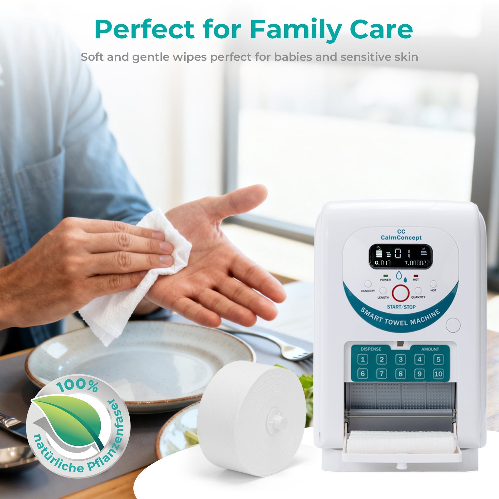 CalmConcept® Warmtuchspender mit Befeuchtung und Heizfunktion (bis zu 60 °C), LED-Display, schnelle 2s-Ausgabe, Hygienischer Einweg-Handtuchwärmer für Spa, Kosmetikstudio, Restaurant & Zuhause, Modell A