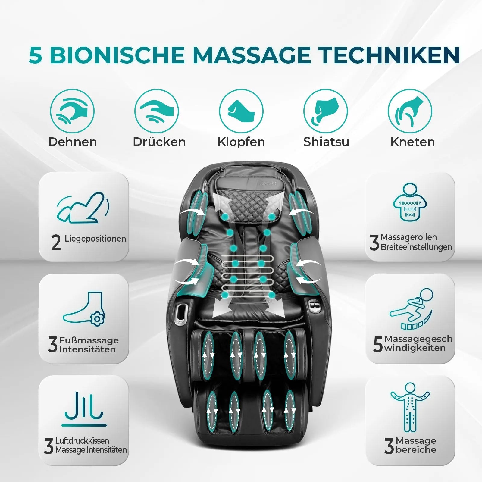 NAIPO® Premium Massagesessel mit Wärmefunktion, Zero Gravity Liegefunktion, Shiatsu, 3D Surround-Sound, Ganzkörpermassage, Körperscan, Ambient Light