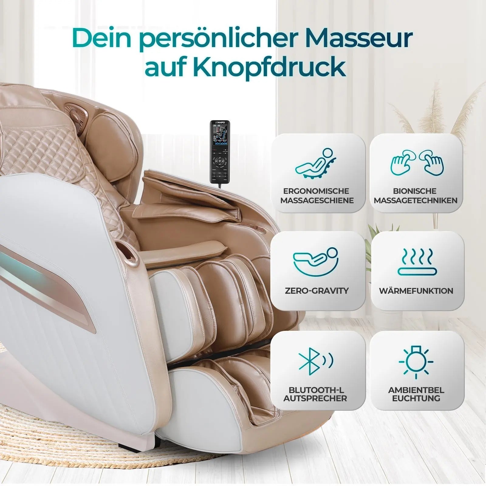 NAIPO® Premium Massagesessel mit Wärmefunktion, Zero Gravity Liegefunktion, Shiatsu, 3D Surround-Sound, Ganzkörpermassage, Körperscan, Ambient Light