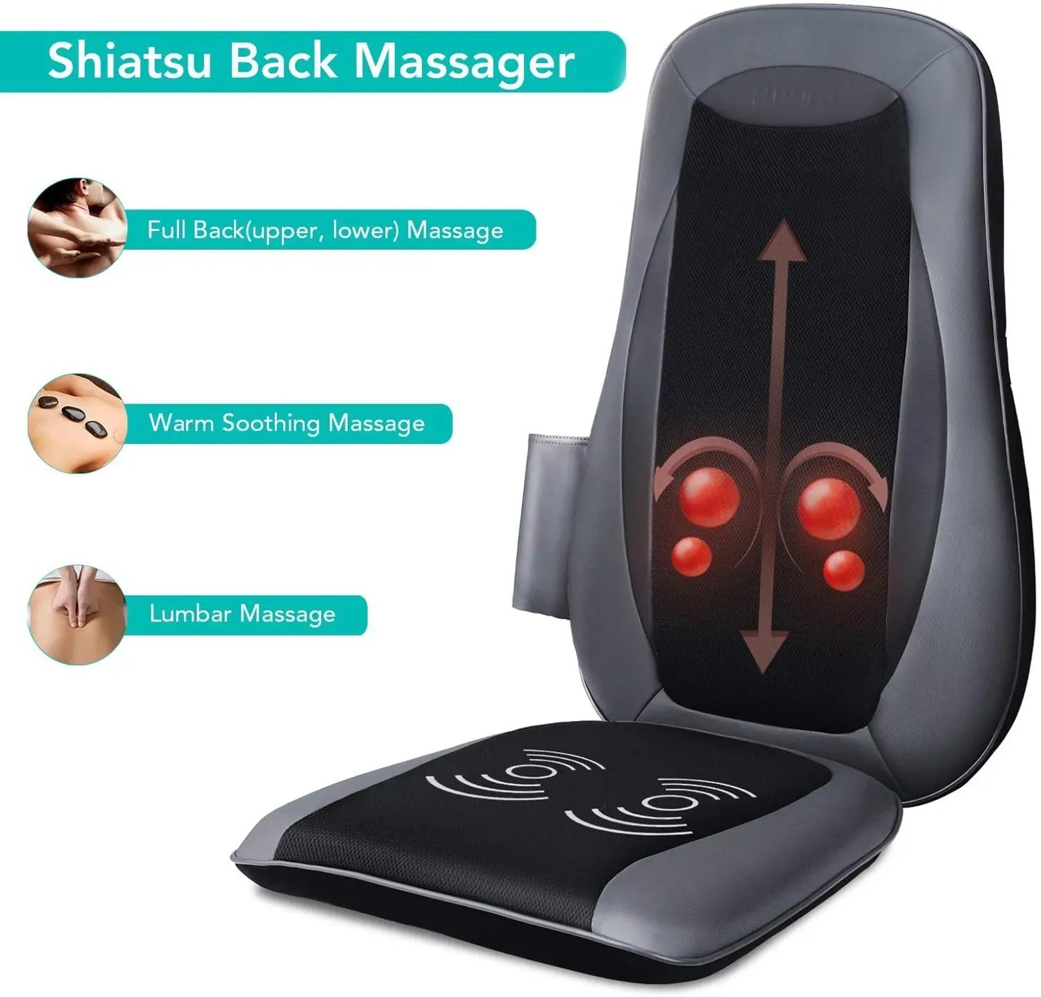 Naipo Rücken Massagegerät Massagesitzauflage mit Shiatsu Wärme Tiefenmassage Rollmassage Vibration für oberen unteren und komplett Rücken
