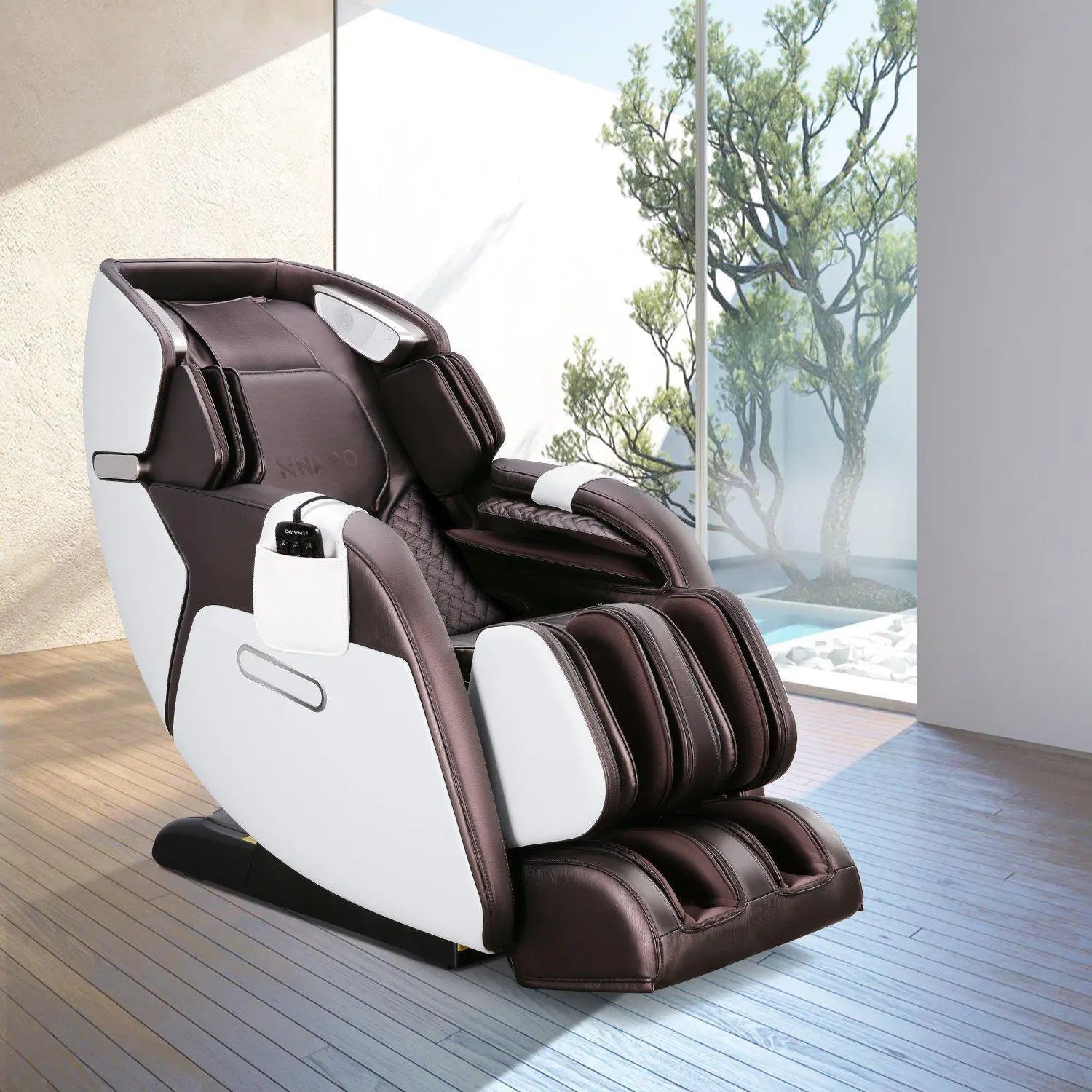 NAIPO Premium 3D Massagesessel Wärmefunktion, Shiatsu, Zero Gravity, Bluetooth Surround Sound, Braun/Weiß, Gebraucht/Generalüberholt