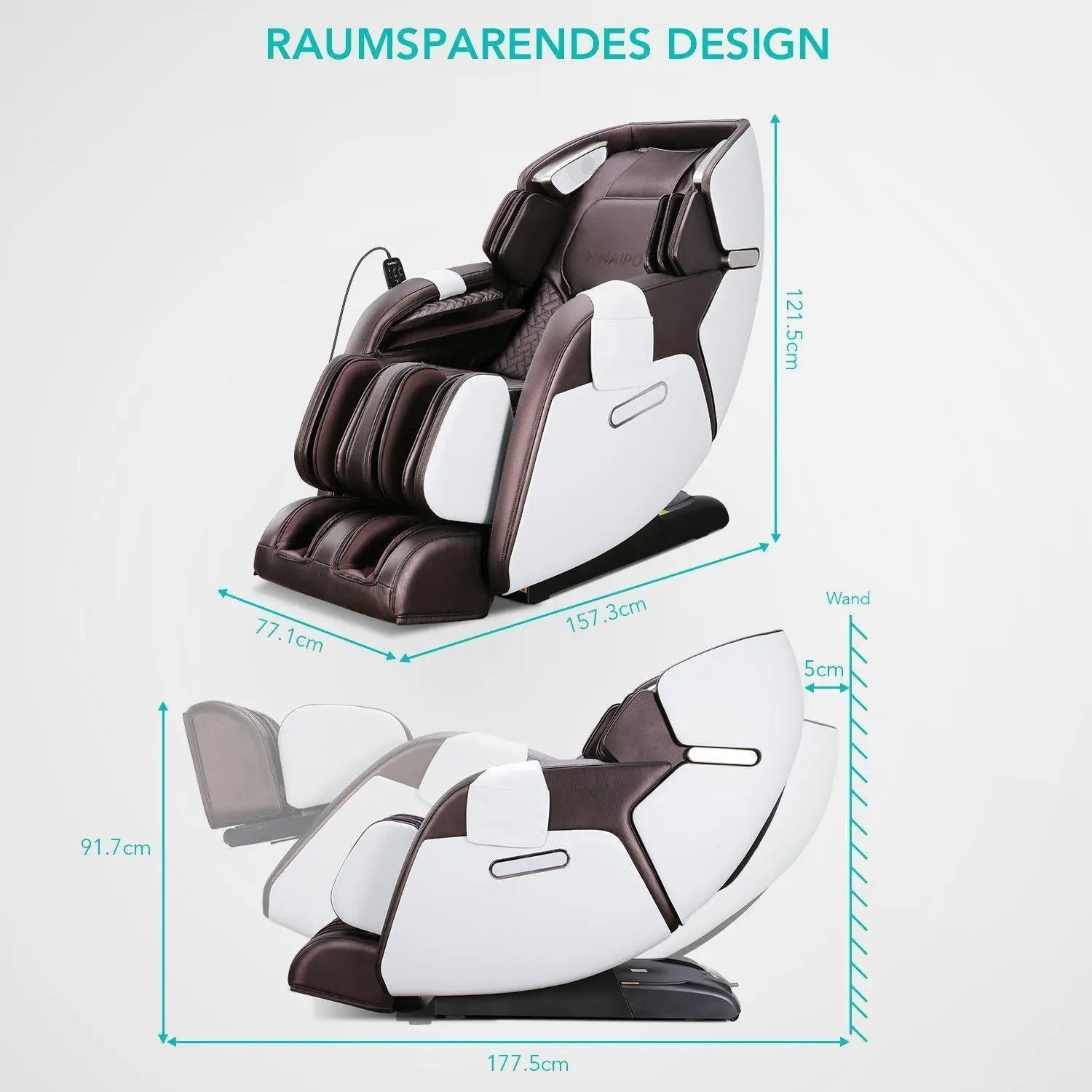 NAIPO Premium 3D Massagesessel Wärmefunktion, Shiatsu, Zero Gravity, Bluetooth Surround Sound, Braun/Weiß, Gebraucht/Generalüberholt