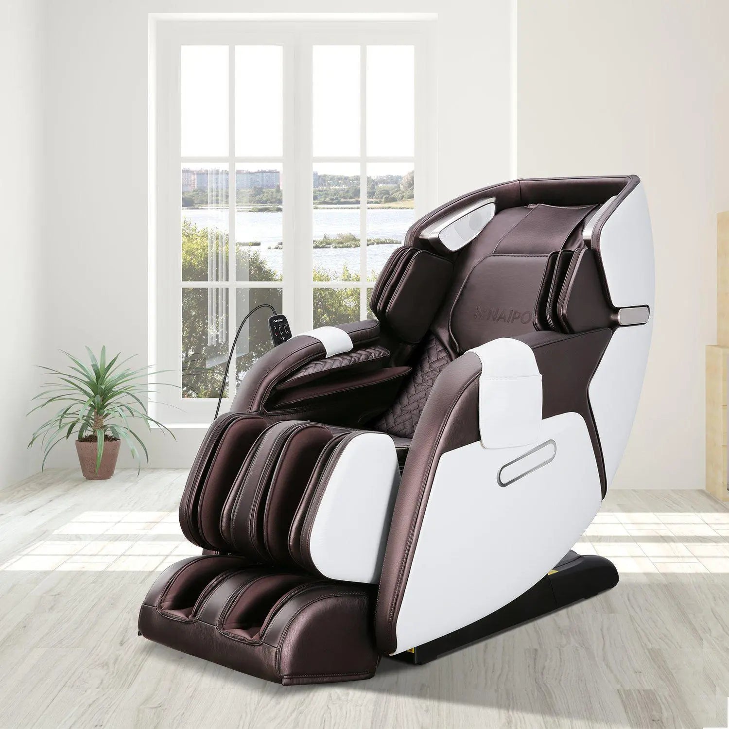 NAIPO Premium 3D Massagesessel Wärmefunktion, Shiatsu, Zero Gravity, Bluetooth Surround Sound, Braun/Weiß, Gebraucht/Generalüberholt