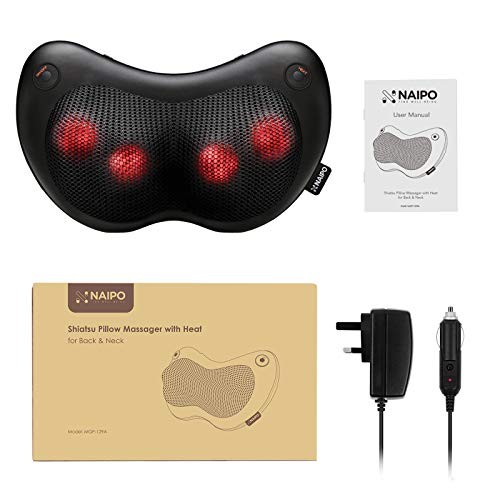 Naipo Neck and Back Massager with Heat Shiatsu Massage Pillow Deep Kneading Massager for Shoulder, Back, Waist Muscle Pain Relief Relax at Home Office Car, Gift Idea for Women&Men