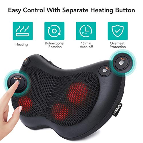 Naipo Neck and Back Massager with Heat Shiatsu Massage Pillow Deep Kneading Massager for Shoulder, Back, Waist Muscle Pain Relief Relax at Home Office Car, Gift Idea for Women&Men