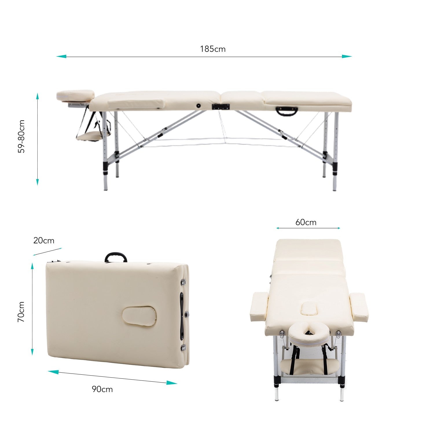 Massageliege 3-Zonen Massagetisch, höhenverstellbar, klappbar, Alu Kosmetikliege mit Premium weiches Kunstleder, inkl. Tasche mit Rollen, 185 x 60cm, TÜV GS zertifiziert