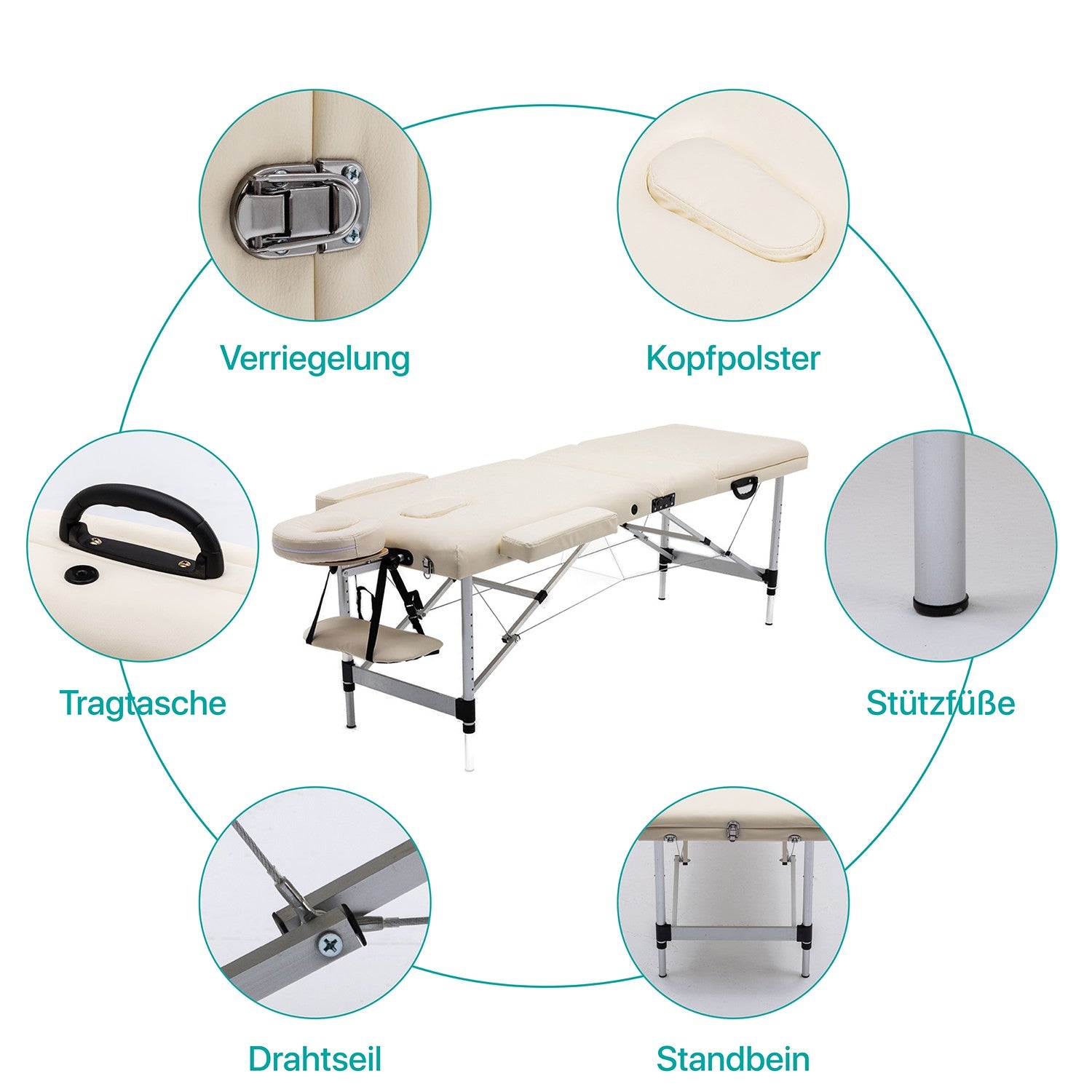 Massageliege 3-Zonen Massagetisch, höhenverstellbar, klappbar, Alu Kosmetikliege mit Premium weiches Kunstleder, inkl. Tasche mit Rollen, 185 x 60cm, TÜV GS zertifiziert