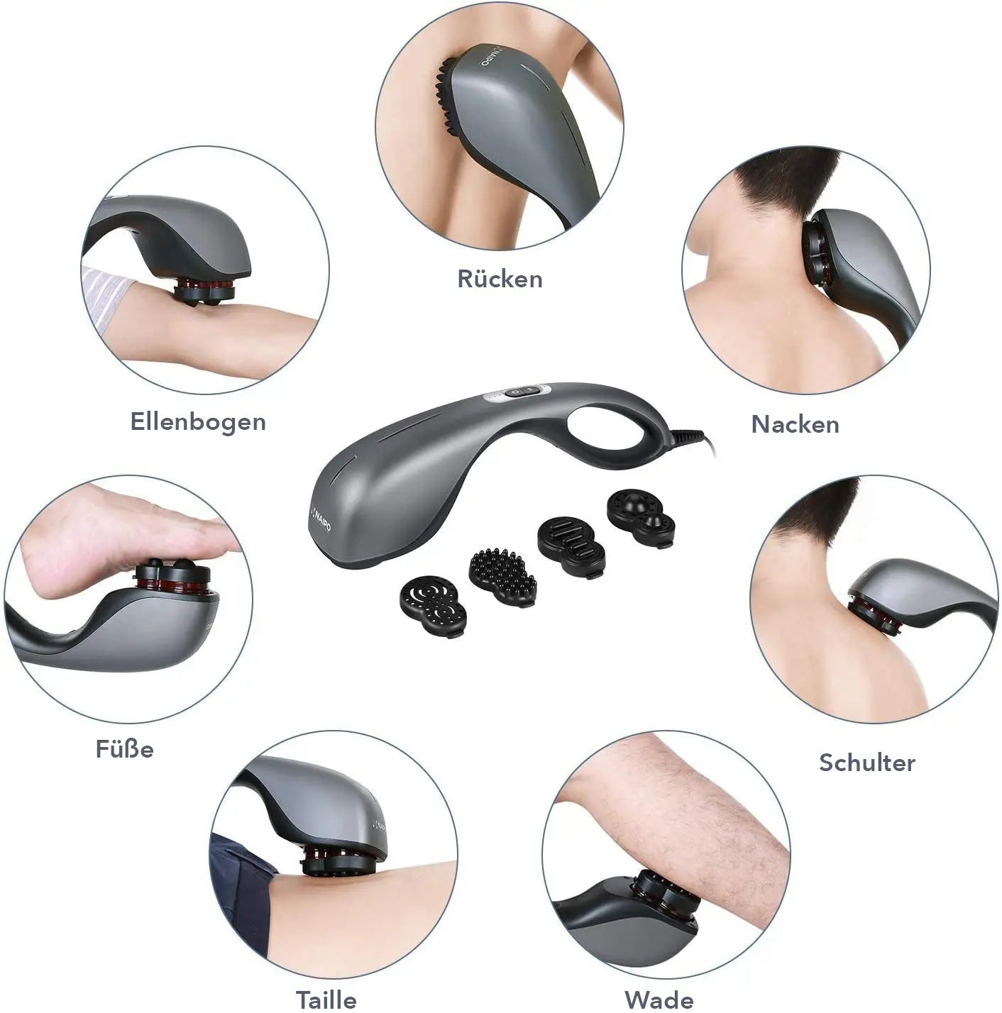 NAIPO Massagegerät Infrarot Wärmefunktion, 4 Aufsätze, verschiedene Intensitäten