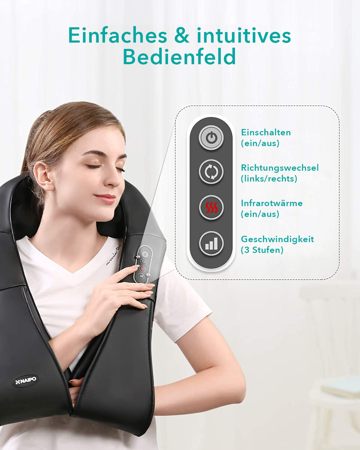 NAIPO Massagegerät Shiatsu für Nacken Rücken Schulter, Infrarotwärme, kabelgebunden - Gebraucht