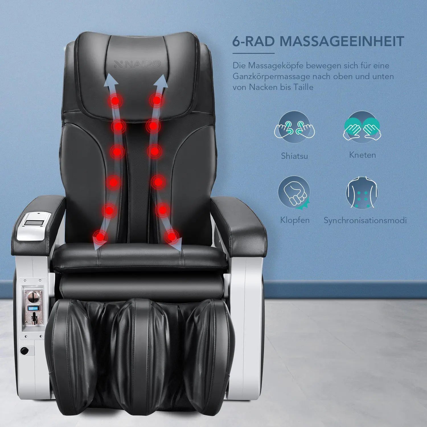 NAIPO Münzbetriebener Massagesessel, Shiatsu Massagestuhl, Doppeltes Sicherheitsystem, Gewerblich, Digitialanzeige