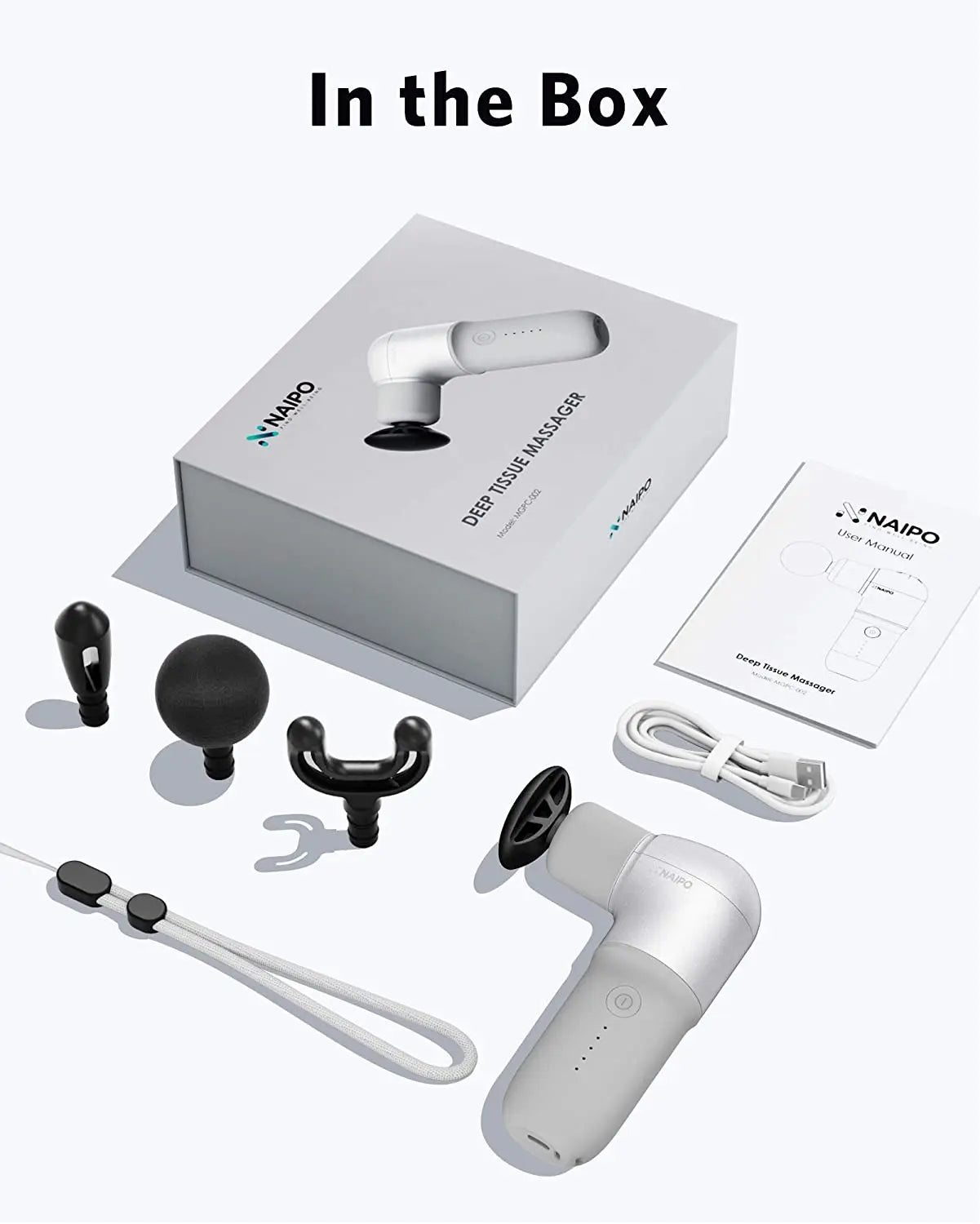 NAIPO® Mini Pro - Massagepistole, Kompakt & Leistungsstark, 5 Intensitätsstufen, inkl. 4 Aufsätze