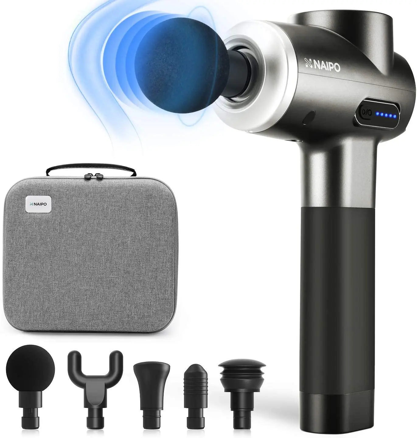 NAIPO® Pro - Massagepistole, einstellbare Intensität, inkl. 5 Aufsätze für Nacken, Schulter, Rücken