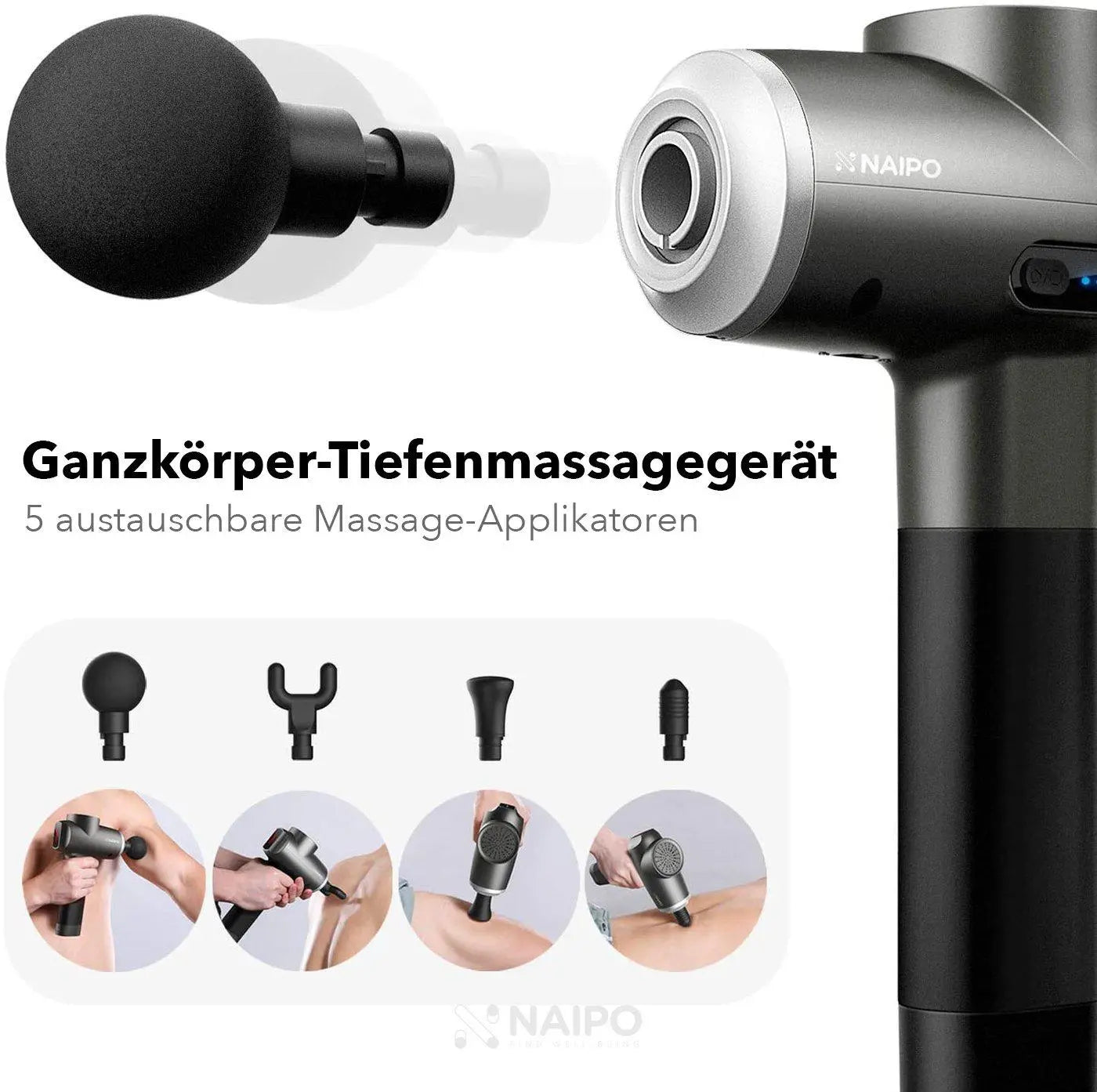 NAIPO® Pro - Massagepistole, einstellbare Intensität, inkl. 5 Aufsätze für Nacken, Schulter, Rücken