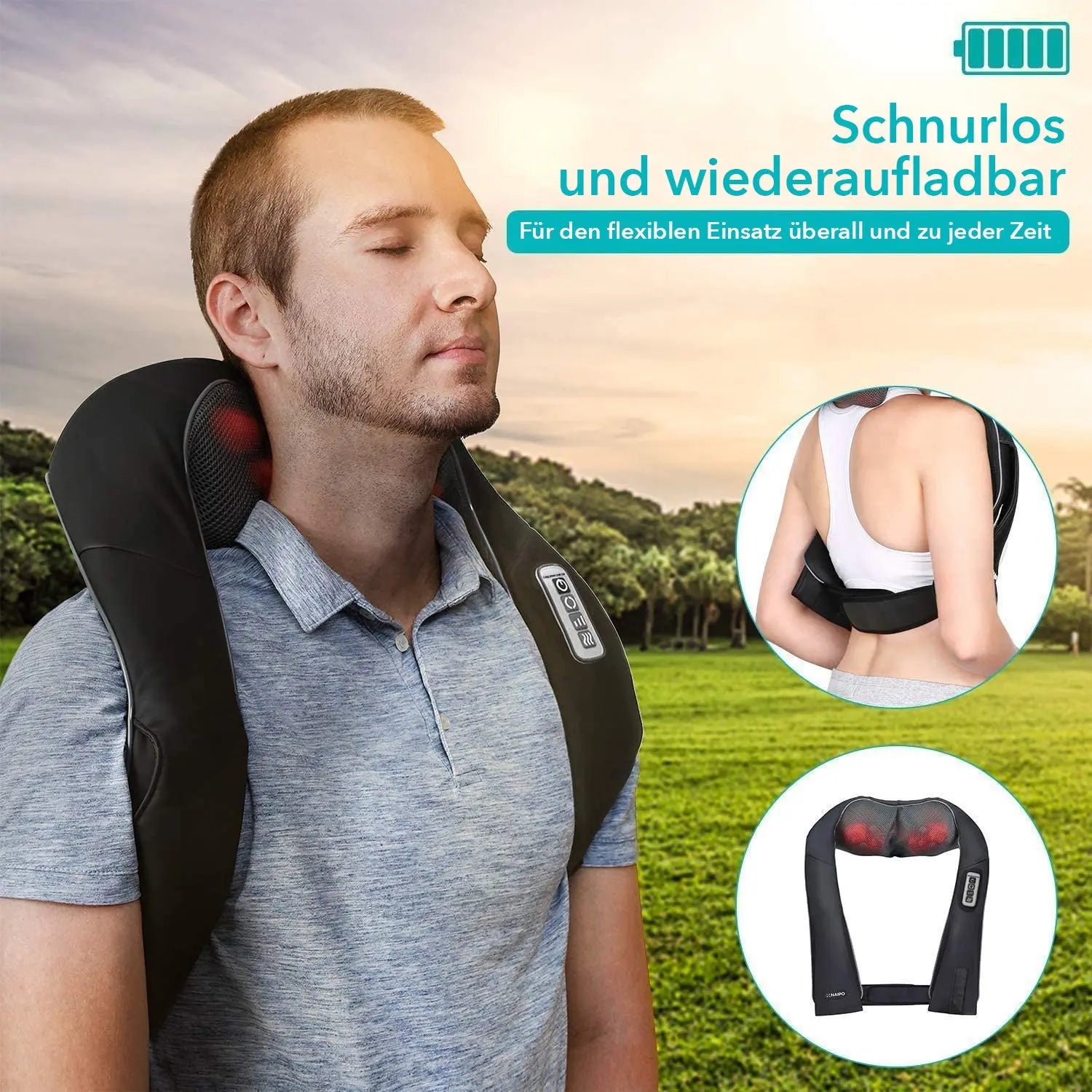 Naipo Massagegerät mit Akku, für Nacken Schulter Massage Shiatsu mit 3 Einstellbaren Geschwindigkeiten