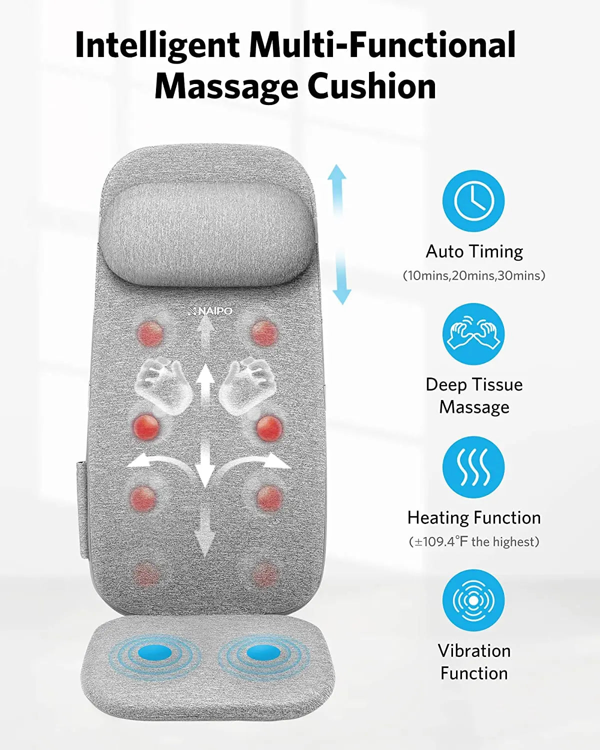 Naipo Massagesitzauflage mit Vibrationsmassage und Wärmemassage 8 Motorvibrationen 4 Massage Modi