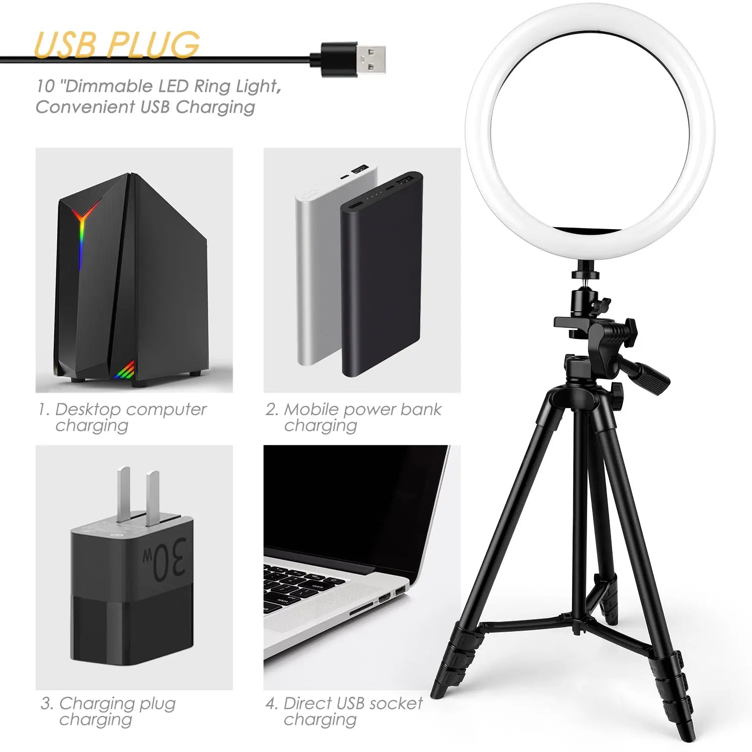 Ringlicht 10 Zoll mit Stativ - 3 Farben Dimmbar 3000K-5600K Einstellbare Helligkeit 360°Drehung Gimbals, LED Ring Light USB mit Fernbedienung und Handyhalterung, für Makeup/Videoanruf/Selfie